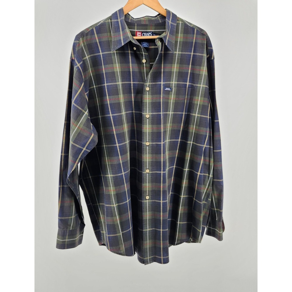 Chaps Ralph Lauren Mens XXL Green Navy Plaid Button Down Shirt Long Sleeve